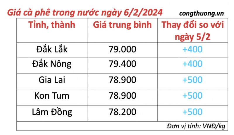 Giá cà phê hôm nay; ngày 6/2/2024: Giá cà phê trong nước tăng nhẹ