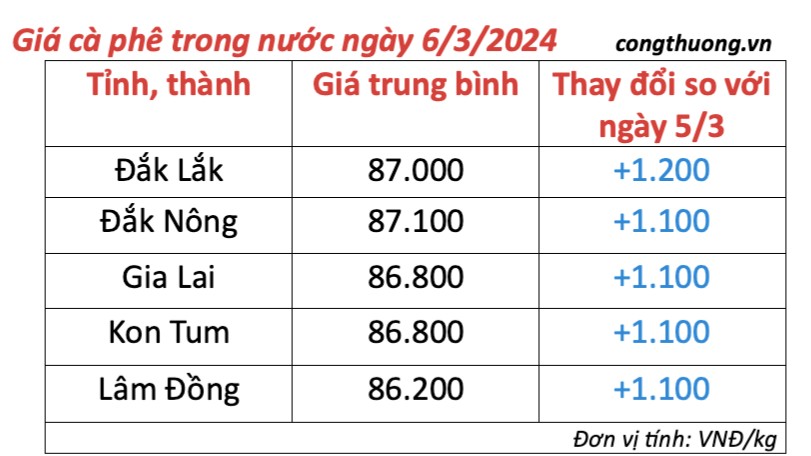 Giá cà phê hôm nay, 6/3/2024: Giá cà phê trong nước