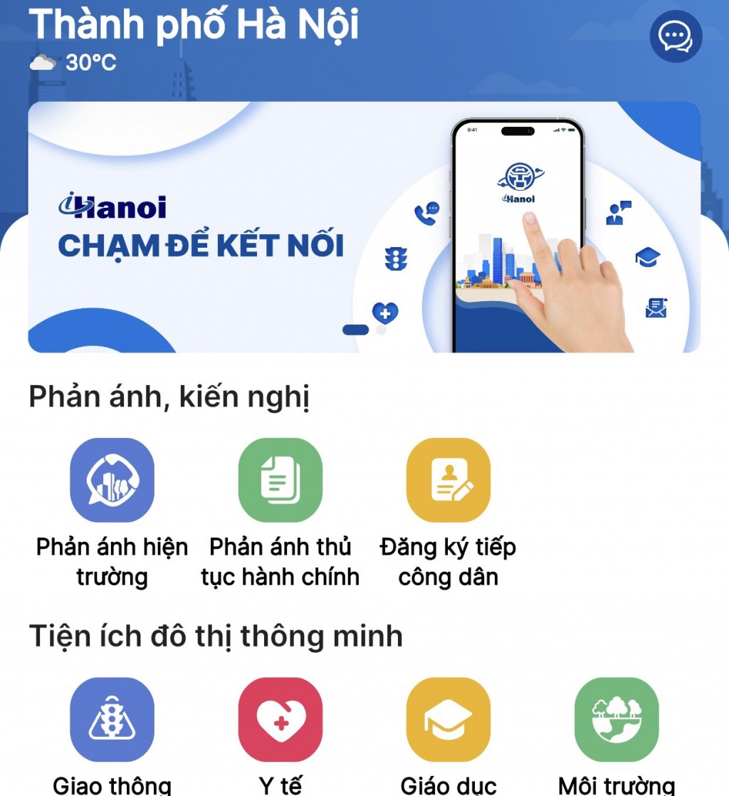 Trang giao diện chính thức của ứng dụng iHanoi