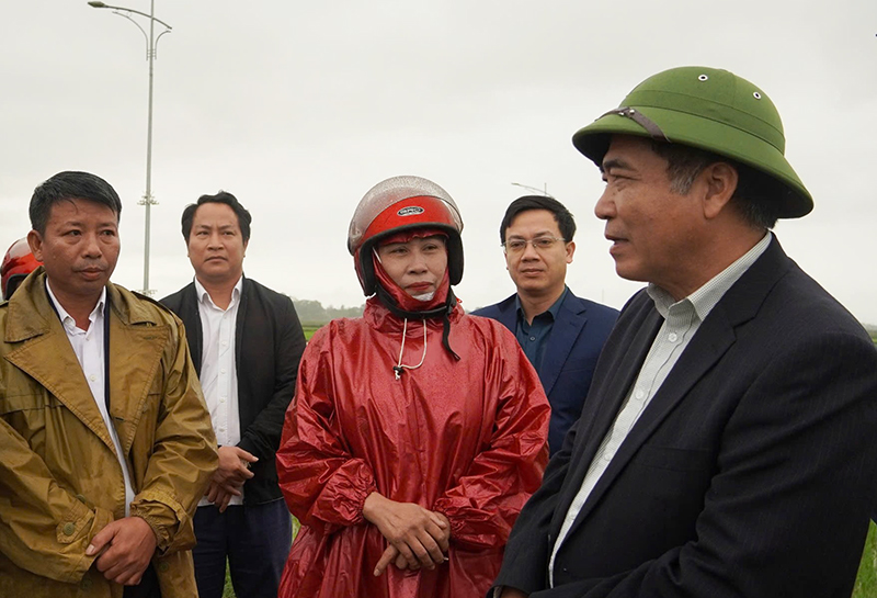 Đồng chí Phó Chủ tịch Thường trực UBND tỉnh Đoàn Ngọc Lâm kiểm tra mô hình cánh đồng lúa hữu cơ Hương Bình tại xã Quảng Tiên.