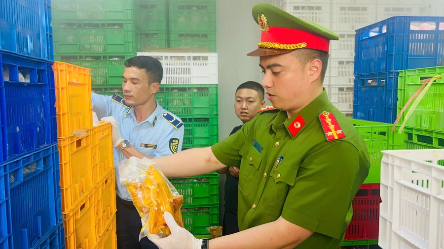Lực lượng chức năng kiểm tra số thực phẩm.