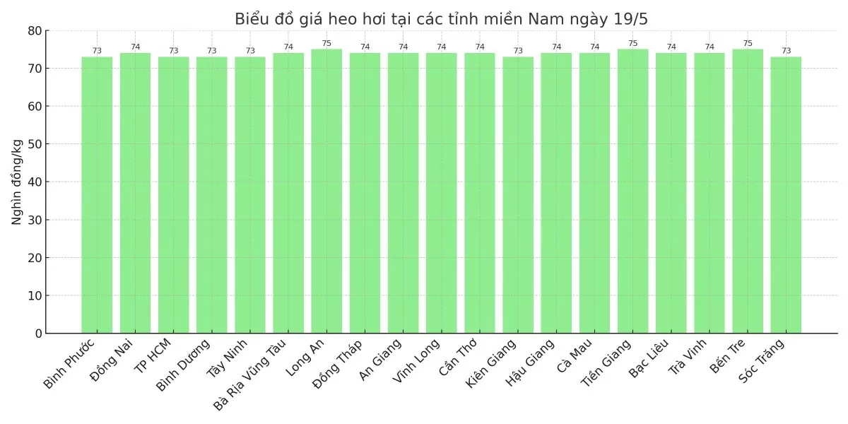 Biểu đồ giá heo hơi tại các tỉnh miền Nam ngày 19/5.