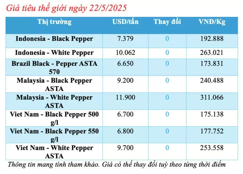 Giá tiêu hôm nay 22/5/2025: thị trường neo ở mức cao Giá tiêu hôm nay 22/5/2025: thị trường