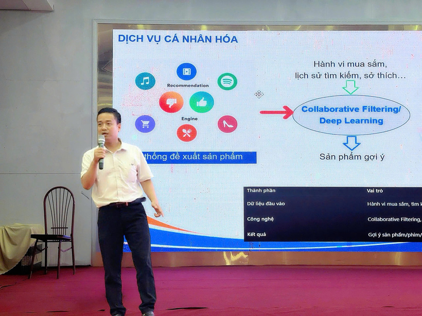 Ông Cao Quí Long, đại diện Trung tâm eComDX giới thiệu cách doanh nghiệp có thể tự động hoá công việc bằng AI. Ảnh: Cục Thương mại điện tử và Kinh tế số