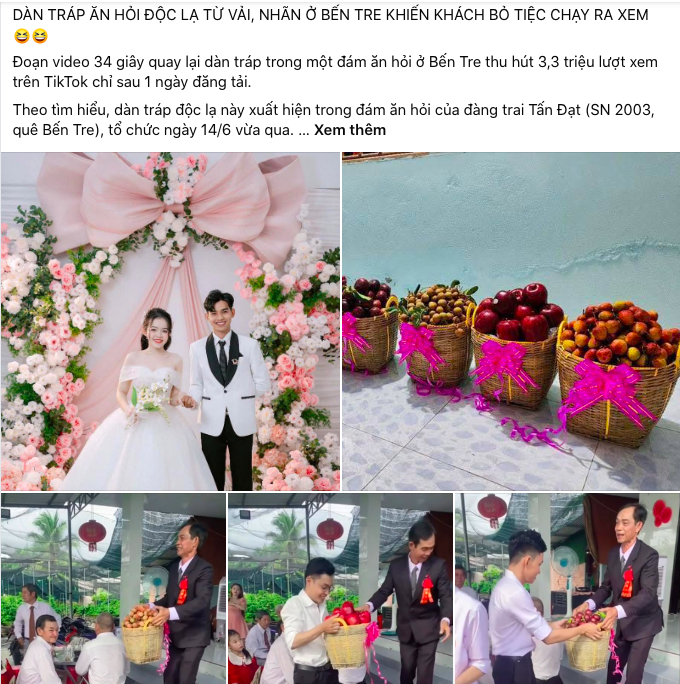Dàn tráp ăn hỏi từ nông sản tại Bến Tre gây sốt mạng xã hội. Ảnh chụp màn hình