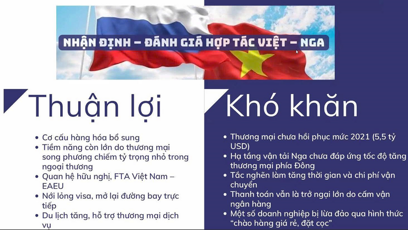 Những nhận định, đánh giá của Tham tán thương mại Việt Nam tại Liên bang Nga về những thuận lợi và khó khăn trong quan hệ hợp tác Việt - Nga.