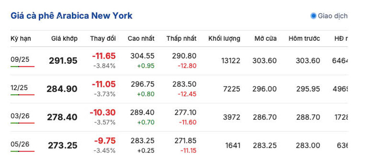 Giá cà phê New York sáng ngày 22/7/2025