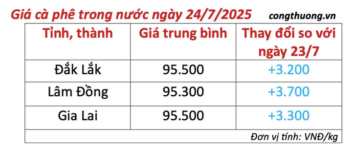 Bảng giá cà phê trong nước sáng ngày 24/7/2025