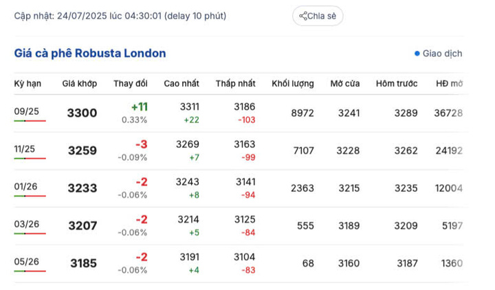 Giá cà phê Robusta London sáng ngày 24/7/2025