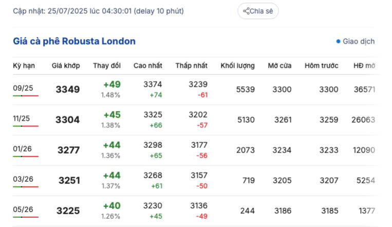 Giá cà phê Robusta London sáng ngày 25/7/2025