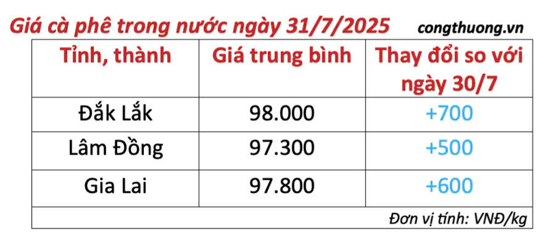 Bảng giá cà phê trong nước sáng ngày 31/7/2025