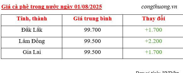 Bảng giá cà phê trong nước sáng ngày 01/8/2025