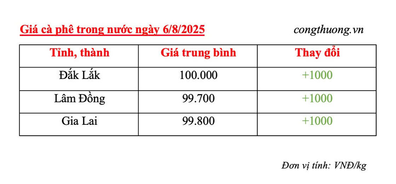 Bảng giá cà phê trong nước sáng ngày 6/8/2025