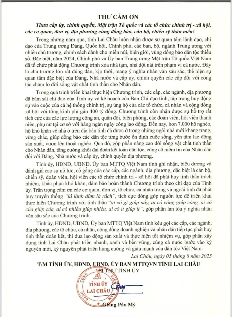 Bí thư Tỉnh ủy Lai Châu cảm ơn các tổ chức chung tay xóa nhà tạm cho các hộ nghèo
