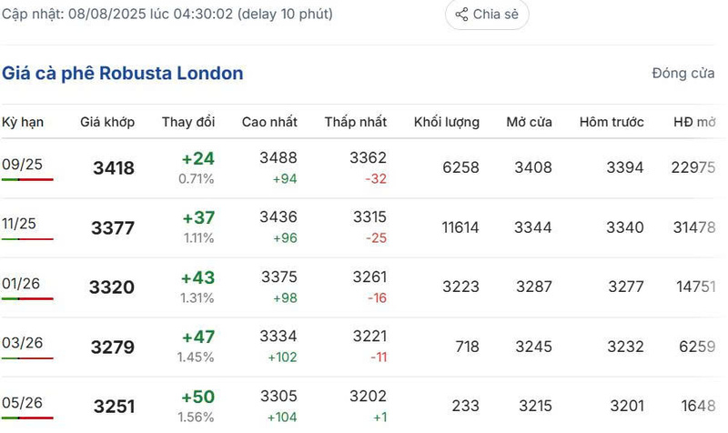Giá cà phê Robusta London sáng ngày 8/8/2025