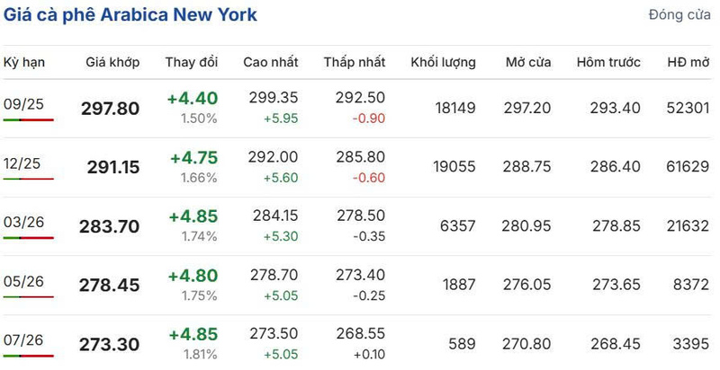 Giá cà phê Arabica New York sáng ngày 8/8/2025