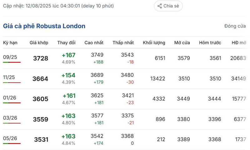 Giá cà phê Robusta London sáng ngày 10/8/2025