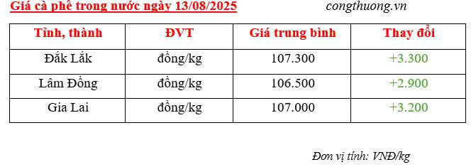 Bảng giá cà phê trong nước sáng ngày 13/8/2025