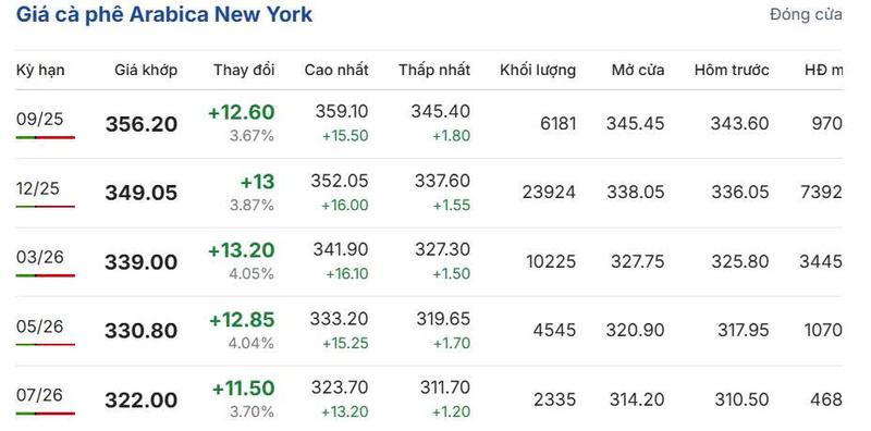 Giá cà phê Arabica New York sáng ngày 20/8/2025