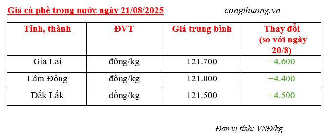 Bảng giá cà phê trong nước sáng ngày 21/8/2025