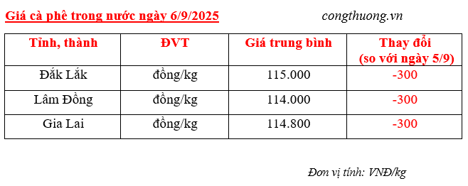 Bảng giá cà phê trong nước sáng ngày 6/9/2025
