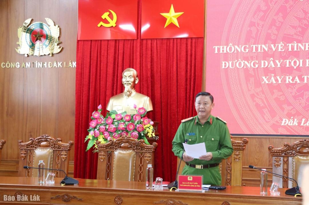 Đại tá Võ Duy Tuấn, Thủ trưởng Cơ quan Cảnh sát điều tra, Phó Giám đốc Công an tỉnh thông tin tại buổi họp báo.