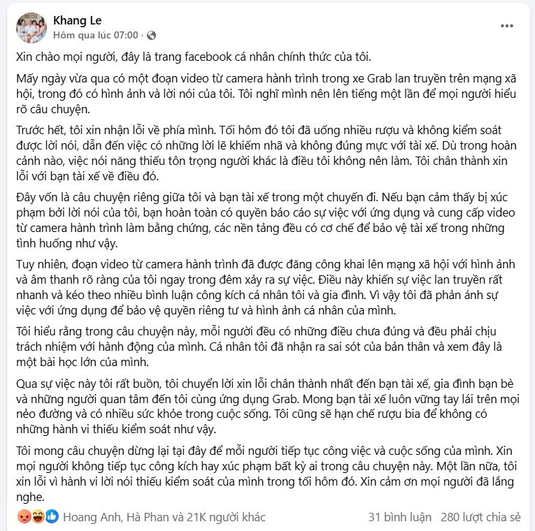 Facebook cá nhân “Khang Le” của nhạc sĩ Minh Khang chính thức lên tiếng xin lỗi liên quan đến đoạn video nhưng nhận lại hầu hết là cảm xúc phẫn nộ. Ảnh chụp màn hình.