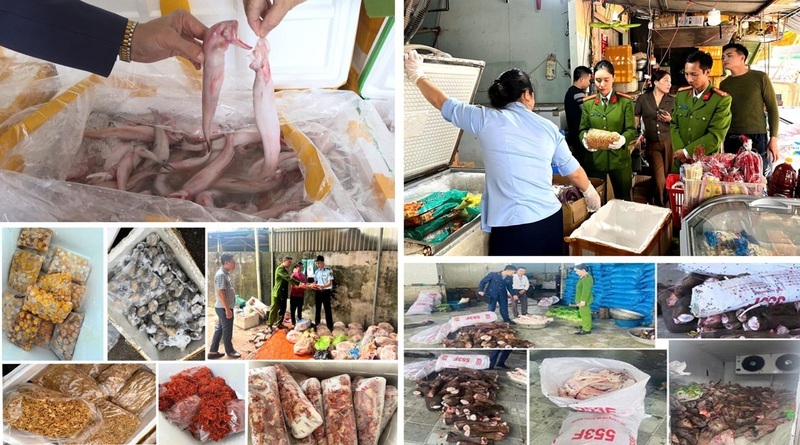 Hàng chục tấn thực phẩm “bẩn” bị lực lượng Cảnh sát kinh tế Công an tỉnh Thanh Hoá thu giữ thời gian qua. Ảnh: Công an Thanh Hóa