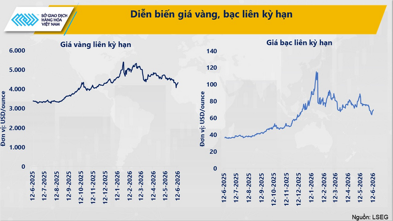 Diễn biến giá vàng, bạc liên kỳ hạn. Nguồn: MXV