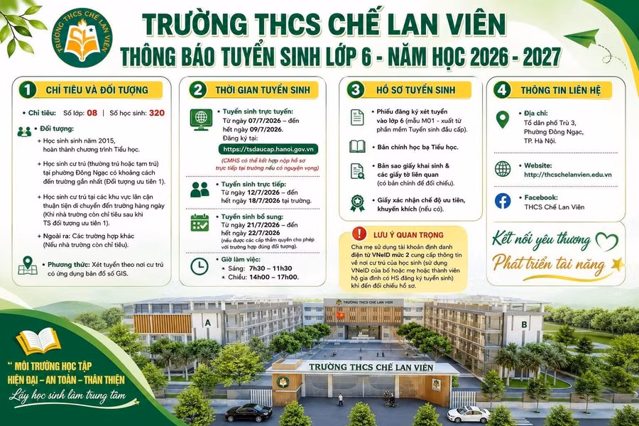 Hướng dẫn chi tiết các thủ tục để phụ huynh nộp hồ sơ tuyển sinh cho con vào lớp 6 năm học 2026-2027 của Trường THCS Chế Lan Viên, phường Đông Ngạc, Hà Nội. che-lan-vien-2.jpg
