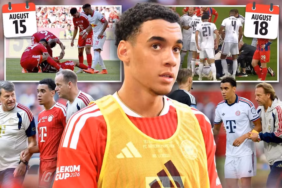 Chỉ trong 4 ngày, tiền vệ Jamal Musiala trải qua 2 sự cố đáng lo trong các trận giao hữu của Bayern Munich, lần lượt trước RB Leipzig ngày 15/8 và FC Heidenheim ngày 18/8. Sau sự cố thứ hai, ngôi sao 23 tuổi quyết định lên tiếng để người hâm mộ hiểu rõ tình trạng của mình. Ảnh: The Sun. 1.jpg